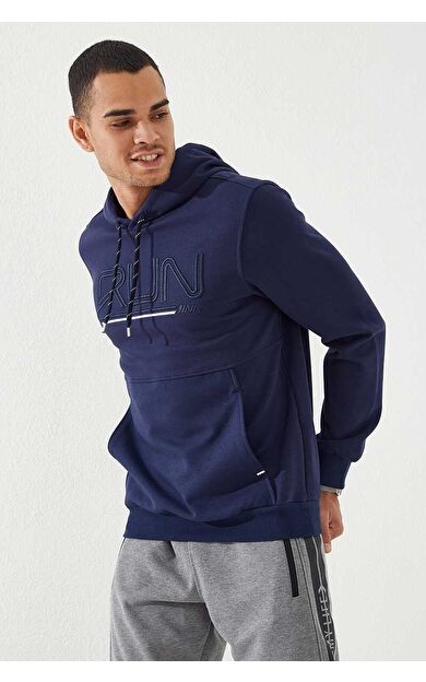 İndigo Yazı Nakışlı Standart Kalıp Kapüşonlu Erkek Sweatshirt - 87887