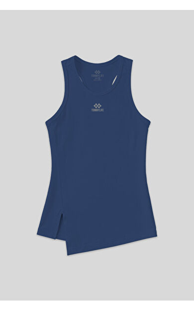 İndigo Yırtmaç Detaylı O Yaka Sıfır Kollu Standart Kalıp Kadın Spor Atlet - 97256