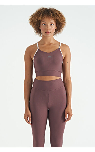 Kahverengi Sırt Çapraz Detaylı Logo Baskılı Dar Kalıp Fitilli Kadın Büstiyer - 97274