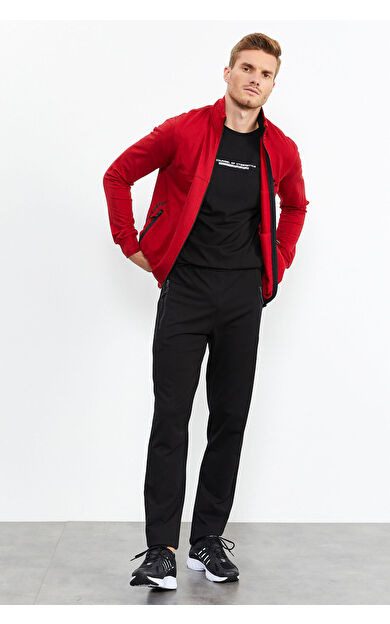 Kırmızı - Siyah Dik Yaka Fermuarlı Standart Kalıp Klasik Paça Erkek Eşofman Takımı - 85152