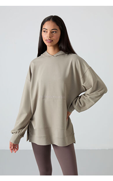 Koyu Bej Balon Kol Yazı Nakışlı Kadın Oversize Tunik Sweatshirt - 97163