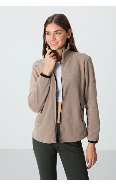 Koyu Bej Dik Yaka Fermuarlı Rahat Form Kadın Polar Sweatshirt - 97173