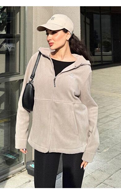 Koyu Bej Kapüşonlu Fermuarlı Rahat Form Kadın Polar Sweatshirt - 97233