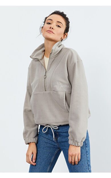 Koyu Bej Yarım Fermuar Etek Ucu Büzgülü Kadın Polar Oversize Sweatshirt - 97171