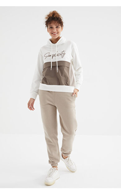 Koyu Bej Yüksek Bel Şardonlu 3 İplik Pamuklu Basic Kadın Eşofman Alt - 94624