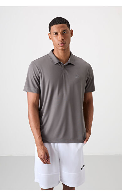 Koyu Gri Logo Baskılı Standart Kalıp Polo Yaka Aktif Spor Erkek T-Shirt - 88252