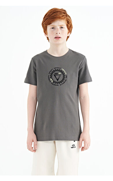 Koyu Gri Nakış İşleme Detaylı O Yaka Standart Kalıp Erkek Çocuk T-Shirt - 11115