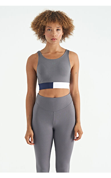 Koyu Gri Renk Bloklu Logo Baskılı Dar Kalıp Fitilli Kadın Büstiyer - 97275