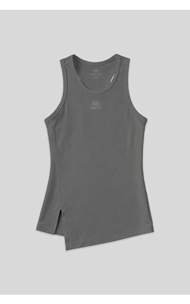 Koyu Gri Yırtmaç Detaylı O Yaka Sıfır Kollu Standart Kalıp Kadın Spor Atlet - 97256