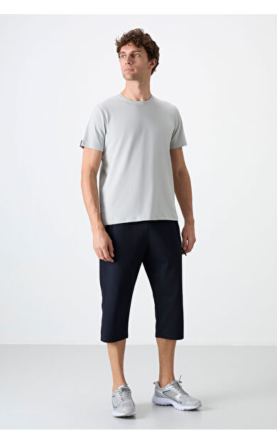 Lacivert - Beyaz Fermuar Cepli Standart Kalıp Klasik Paça Erkek Kapri - 83091