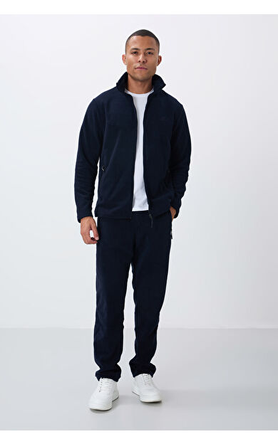 Lacivert Dik Yaka Basic Fermuar Cepli Standart Kalıp Erkek Polar Eşofman Takımı - 85193