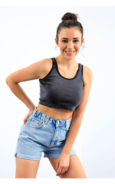 Lacivert Melanj Basic Sıfır Kol Dar Kalıp U Yaka Kadın Crop Top Atlet - 97162