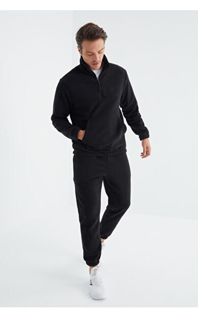 Lacivert Yarım Fermuar Dik Yaka Lastik Paça Polar Erkek Eşofman Takımı - 85159