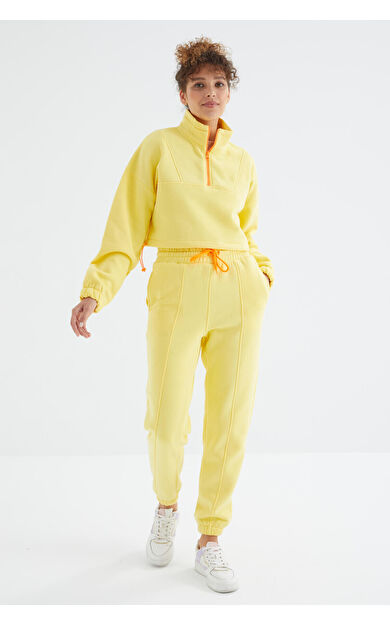 Limon Düşük Omuzlu Beli Büzgülü Yarım Boy Fermuarlı Oversıze Kadın Eşofman Takım - 95321