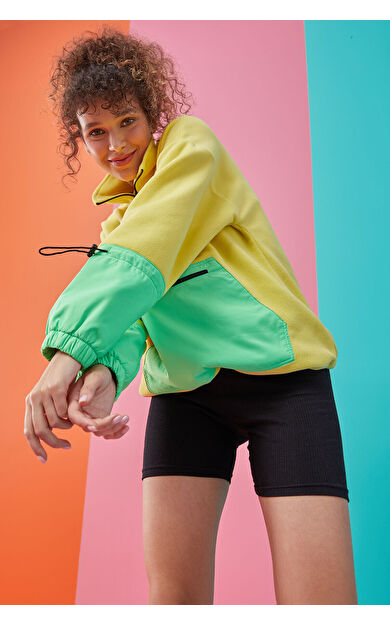 Limon Etek Ucu Büzgülü Yarım Fermuarlı Oversize Kadın Polar Sweatshirt - 97238