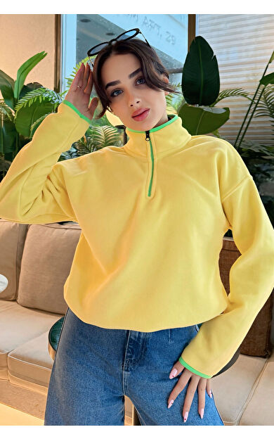 Limon Yarım Fermuar Etek Ucu Büzgülü Dik Yaka Oversize Kadın Polar Sweatshirt - 97234