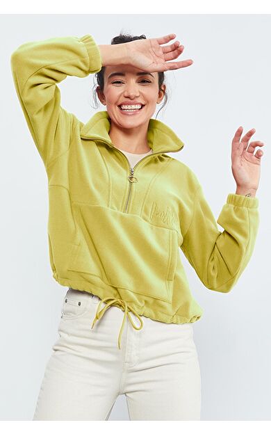 Limon Yarım Fermuar Etek Ucu Büzgülü Kadın Polar Oversize Sweatshirt - 97171