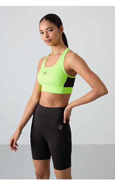 Neon Sarı Çapraz Sırt Detaylı Slim Fit U Yaka Pedli Kadın Spor Büstiyer - 97121