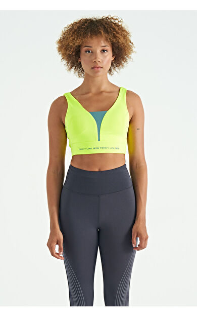 Neon Sarı Yazı Baskılı Renk Bloklu Dar Kalıp Dalgıç Kumaş Kadın Büstiyer - 97271