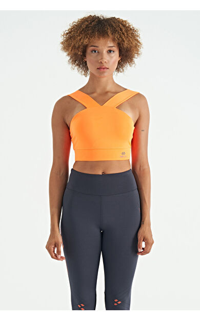 Neon Turuncu Logo Baskılı Dar Kalıp Dalgıç Kumaş Kadın Büstiyer - 97259