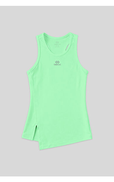 Neon Yeşil Yırtmaç Detaylı O Yaka Sıfır Kollu Standart Kalıp Kadın Spor Atlet - 97256