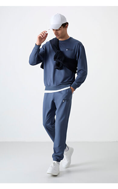 Petrol Casual O Yaka Lastik Paça Pamuklu Erkek Oversize Eşofman Takımı - 85120