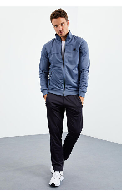 Petrol - Lacivert Dik Yaka Fermuarlı Standart Kalıp Klasik Paça Erkek Eşofman Takımı  - 85162