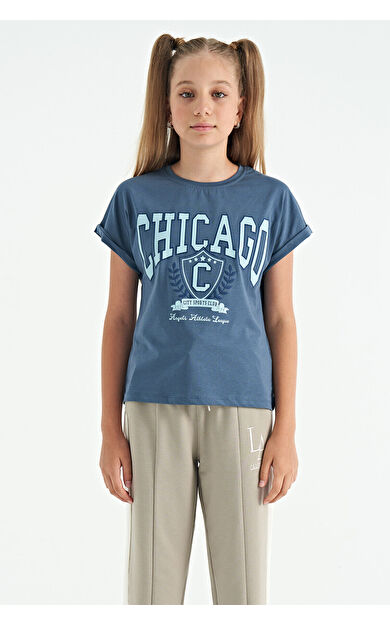 Petrol O Yaka Düşük Omuzlu Rahat Form Kısa Kollu Kız Çocuk T-Shirt - 75128