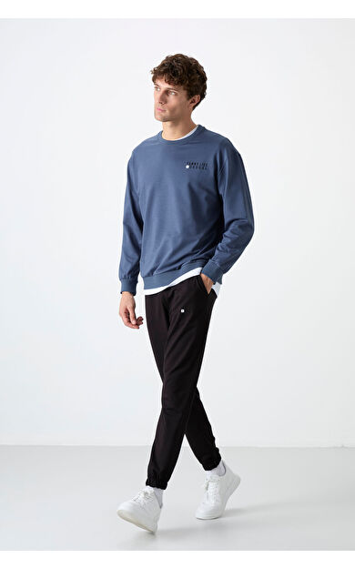 Petrol - Siyah Casual O Yaka Lastik Paça Pamuklu Erkek Oversize Eşofman Takımı - 85120