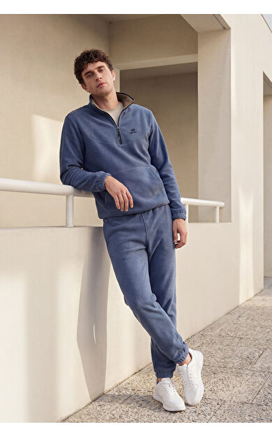 Petrol Yarım Fermuar Dik Yaka Lastik Paça Polar Erkek Eşofman Takımı - 85159