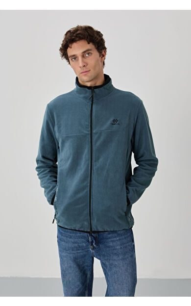 Petrol Yazı Nakışlı Dik Yaka Fermuarlı Standart Kalıp Erkek Sweatshirt Polar - 87992