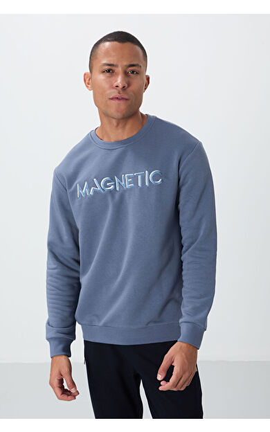 Petrol Yazı Nakışlı O Yaka Rahat Form İçi Polarlı Erkek Sweatshirt - 88020