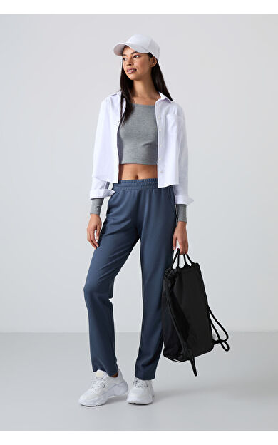 Petrol Yüksek Bel Cepli Rahat Form Klasik Paça Kadın Eşofman Alt - 94584