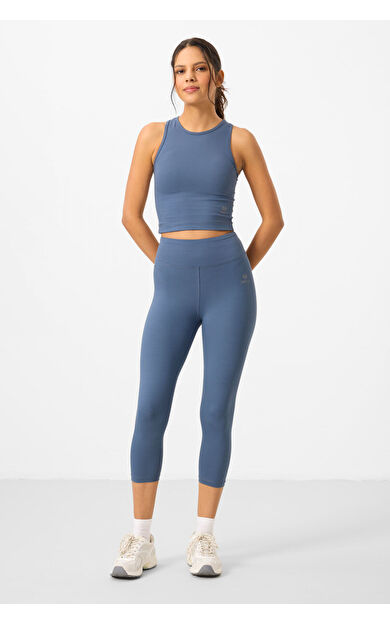 Petrol Yüksek Bel Kapri-Crop Atlet Slim Fit Kadın Tayt Takım - 95284
