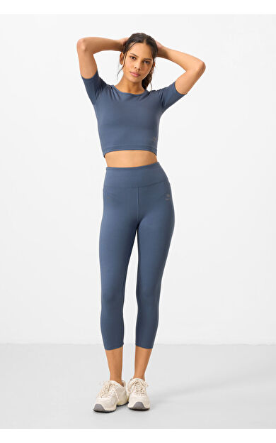 Petrol Yüksek Bel Kapri-Crop T-Shirt Slim Fit Kadın Tayt Takım - 95285