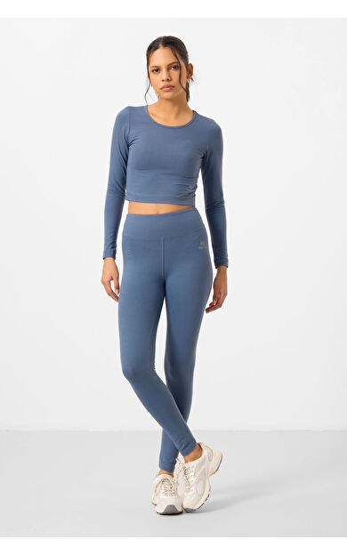 Petrol Yüksek Bel Uzun Kollu Slim Fit Crop Top Kadın Tayt Takım - 95286