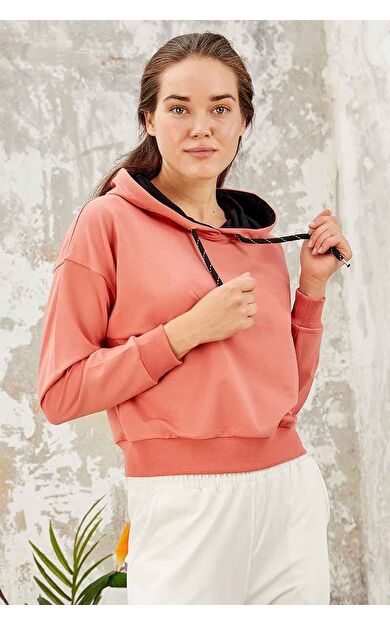 Pudra Uzun Kol Rahat Form Kapüşonlu Kadın Sweatshirt - 97115