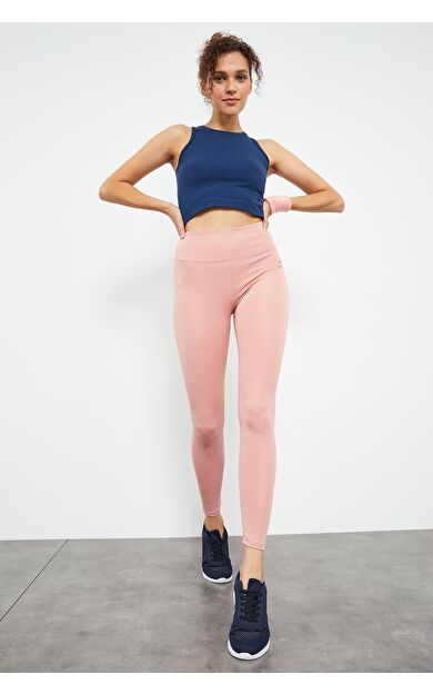 Pudra Yüksek Bel Streç Slim Fit Dar Paça Kadın Tayt - 94545