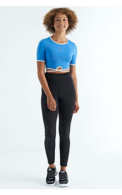 Saks Bel Bağlama Detaylı O Yaka Standart Kalıp Dalgıç Kumaş Kadın Crop T-Shirt - 97266