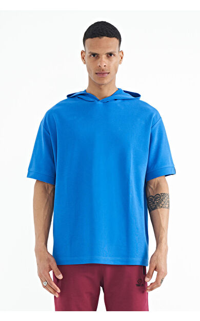 Saks Kapüşonlu Kol Etiket Detaylı Oversize Erkek T-shirt - 88179