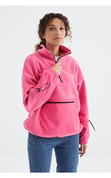 Şeker Pembe Etek Ucu Büzgülü Yarım Fermuarlı Oversize Kadın Polar Sweatshirt - 97238
