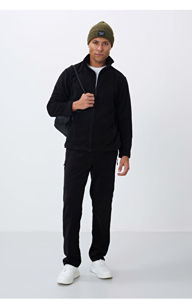 Siyah Dik Yaka Basic Fermuar Cepli Standart Kalıp Erkek Polar Eşofman Takımı - 85193