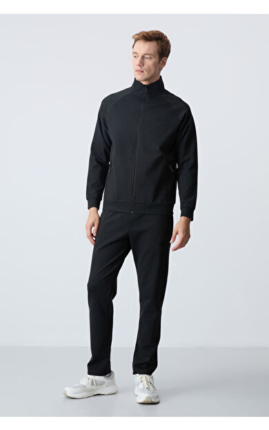 Siyah  Dik Yaka Çift Renk Rahat Form Klasik Paça Erkek Eşofman Takımı - 85113