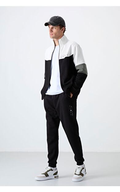 Siyah Dik Yaka  Renk Geçişli İçi Polarlı Erkek Eşofman Takımı  - 85186