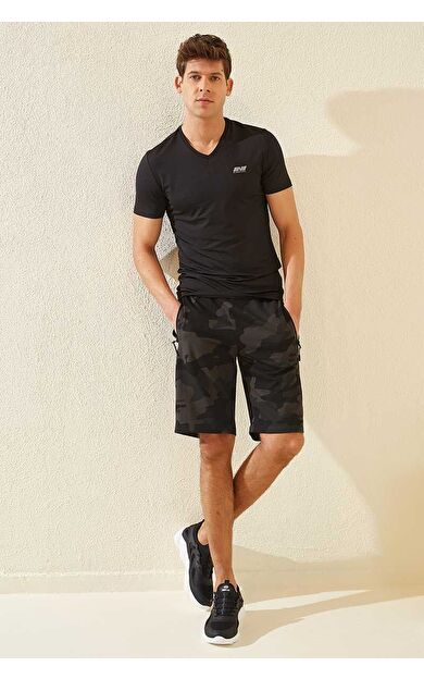 Siyah Gölge Kamuflaj Desenli Standart Kalıp Erkek Şort - 81157