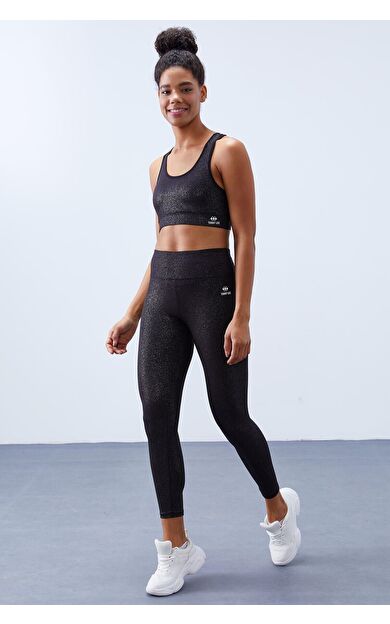 Siyah-gümüş - Siyah Yüksek Bel Toparlayıcılı Sırt Detaylı Slim Fit Büstiyer Kadın Tayt Takım - 95281