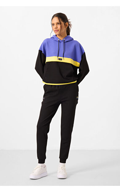 Siyah Kapüşonlu Pamuklu Renk Bloklu Kadın Eşofman Takım - 95327