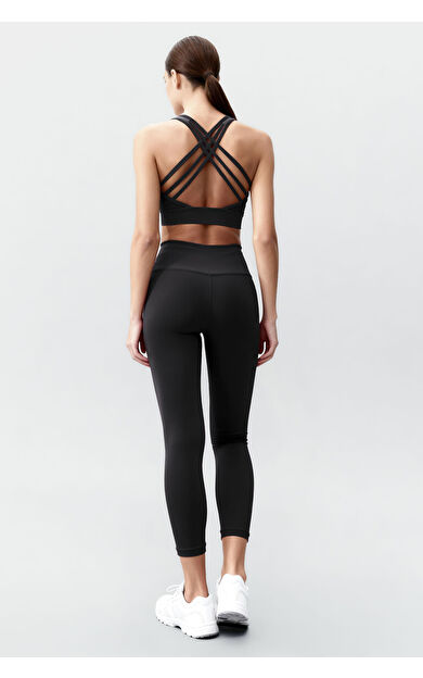 Siyah Yüksek Bel Toparlayıcı Çapraz Sırt Detaylı Slim Fit Kadın Tayt Takım - 95283