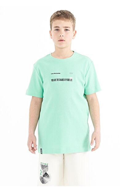 Su Yeşili Baskı Detaylı O Yaka Standart Kalıp Erkek  Çocuk T-Shirt - 11117