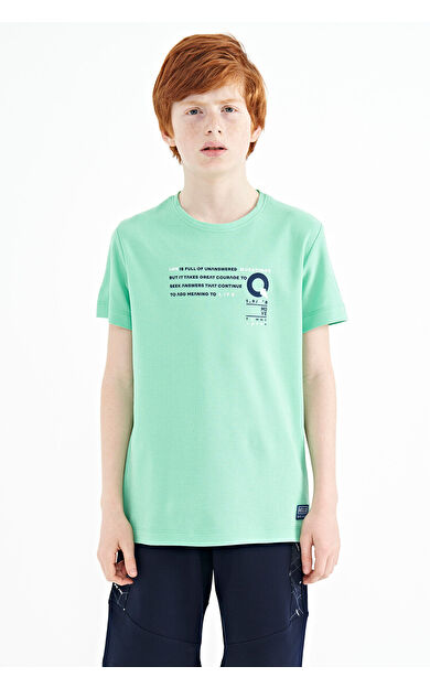 Su Yeşili Baskı Detaylı O Yaka Standart Kalıp Erkek Çocuk T-Shirt - 11145